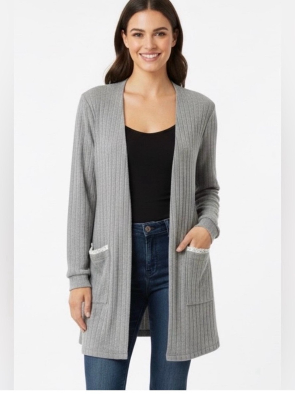 Blu Pepper Gray Open-Front Ribbed Cardigan Sweater. Size Small. NWT